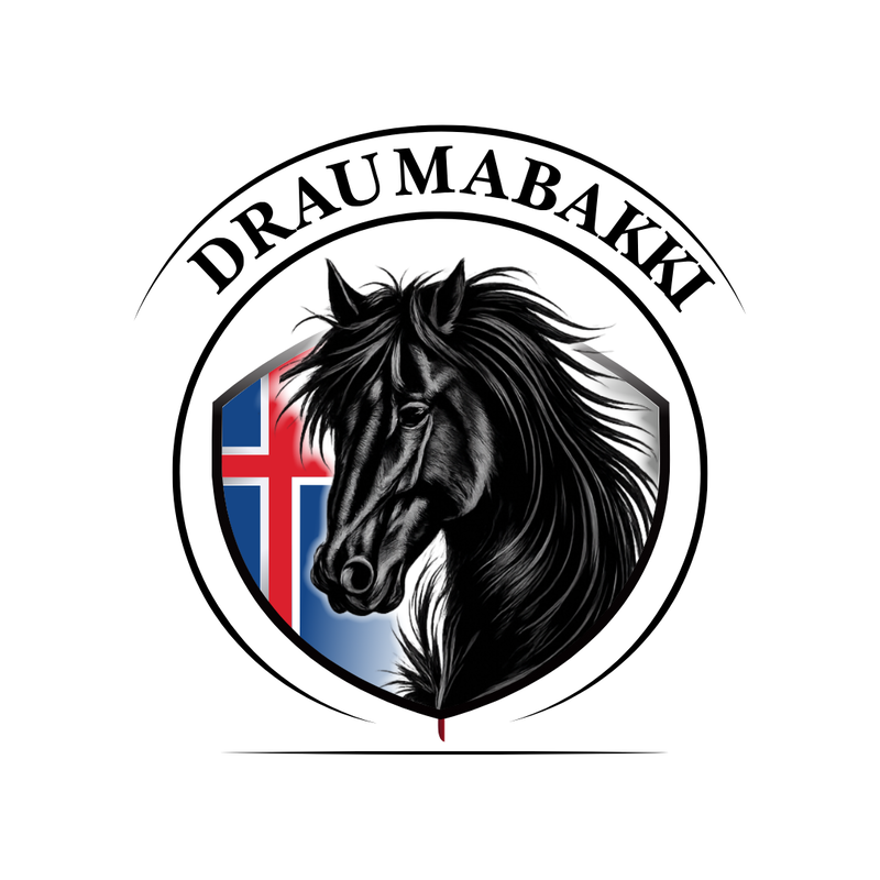Merki Draumabakka með íslenskum hesti og skjaldarmerki